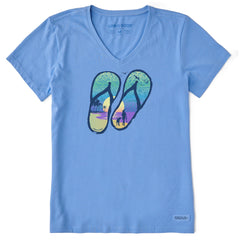 Women's Flip Flops Tropical Sunset Short Sleeve Crusher Vee