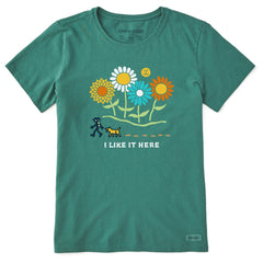 Women's I Like it Here Jackie and Rocket Wildflowers Short Sleeve Crusher Tee