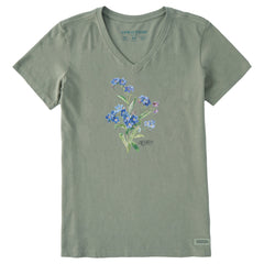 Women's Antique Blue Flowers Short Sleeve Crusher Vee