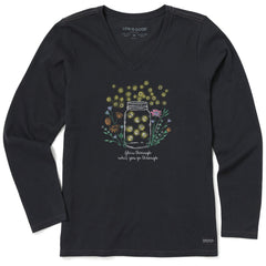 Women's Fireflies Flowers Jar Long Sleeve Crusher Vee