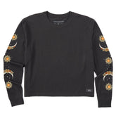 Women's Autumn Celestial Moon Flowers Long Sleeve Crusher Boxy Tee