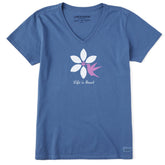 Women's Hummingbird Flower Short Sleeve Crusher Vee