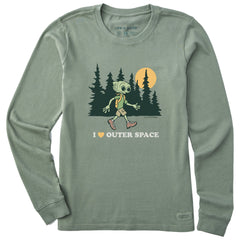 Women's I Love Outer Space Hiking Alien Long Sleeve Crusher Tee