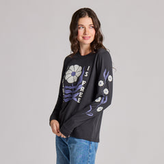 Women's Kindness is Free Woodblock Flower Long Sleeve Crusher Tee