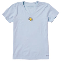 Women's Embroidered Smile Daisy Short Sleeve Crusher Vee