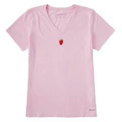 Women's Embroidered Strawberry Short Sleeve Crusher Vee