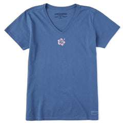 Women's Embroidered Hibiscus Short Sleeve Crusher Vee