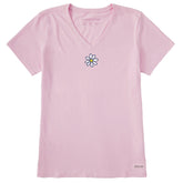 Women's Embroidered Daisy Short Sleeve Crusher Vee