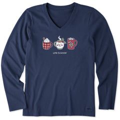 Women's Christmas Mug Trio Long Sleeve Crusher Vee