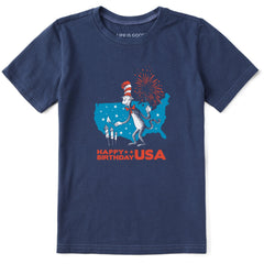 Kids Happy Birthday USA Cat in the Hat Short Sleeve Crusher Tee