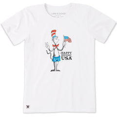 Women's Happy Birthday USA Cat in the Hat Short Sleeve Crusher Tee