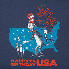 Women's Happy Birthday USA Cat in the Hat Short Sleeve Crusher Tee