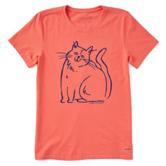 Women's Happy Cat Line Drawing Short Sleeve Crusher Tee