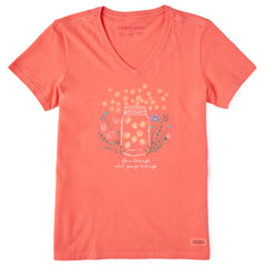 Women's Fireflies Flowers Jar Short Sleeve Vee
