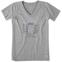 Women's Fireflies Flowers Jar Short Sleeve Vee