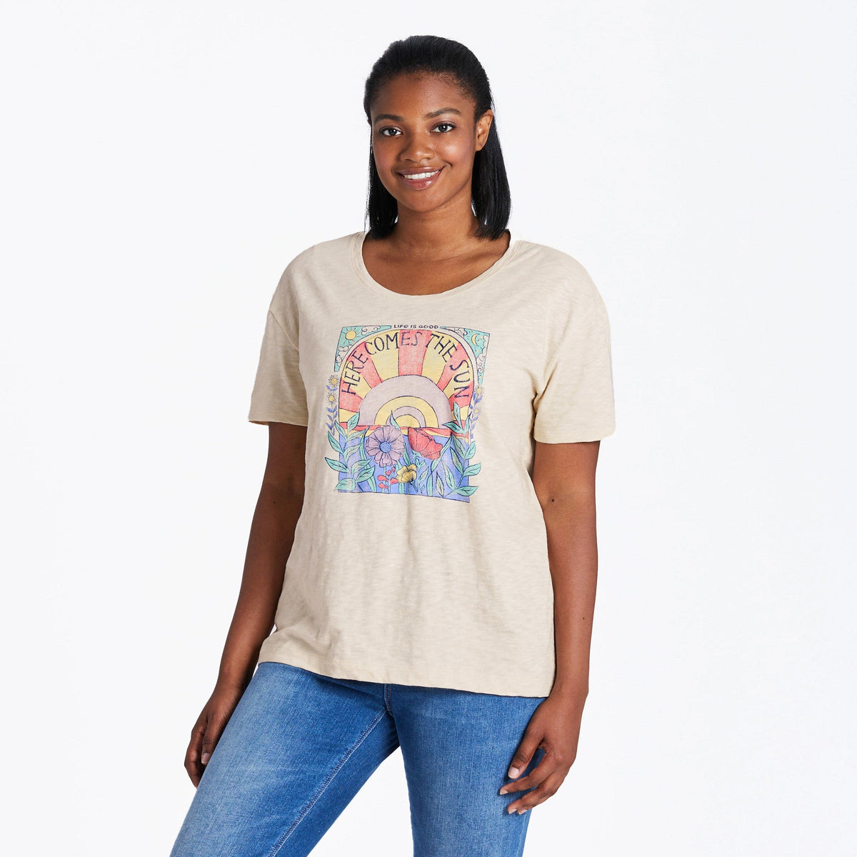 Women's Here Comes The Sun Hippie Relaxed Fit Short Sleeve Slub Tee
