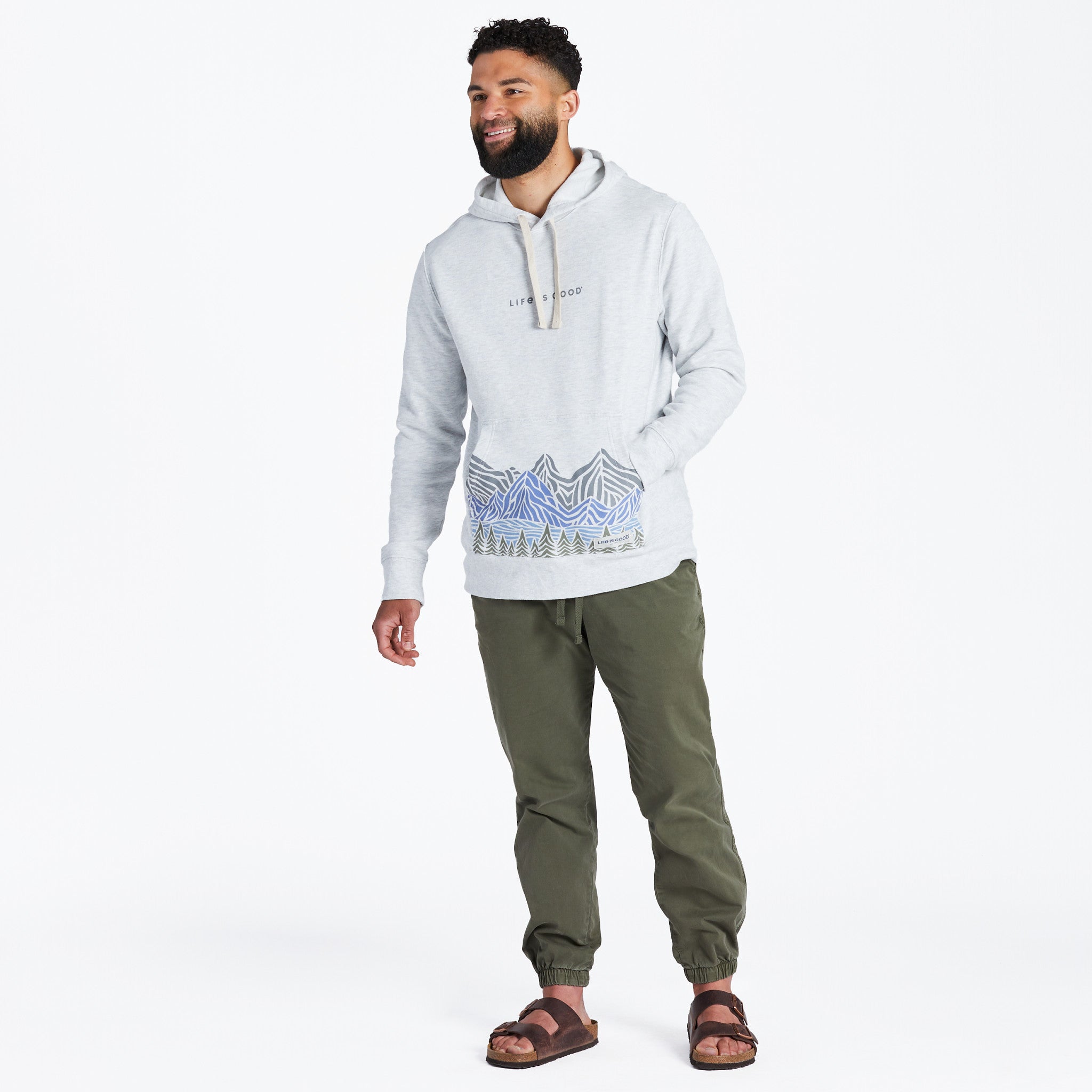 Men's Woodblock Mountain Scene Simply True Fleece Hoodie