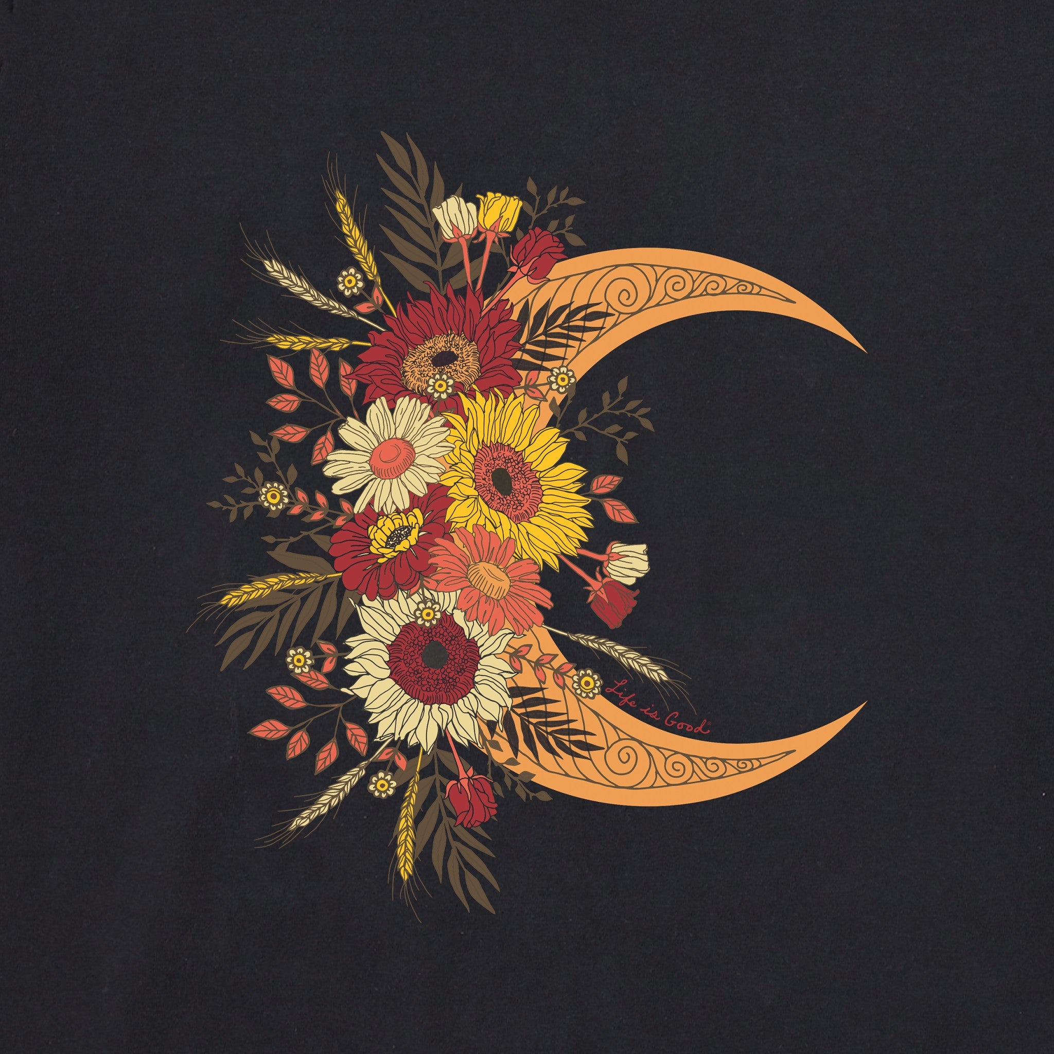 Women's Fall Moon and Flowers Long Sleeve Crusher Tee
