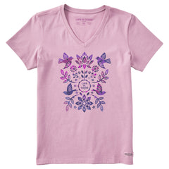 Women's Folk Art Garden Tie Dye Short Sleeve Vee