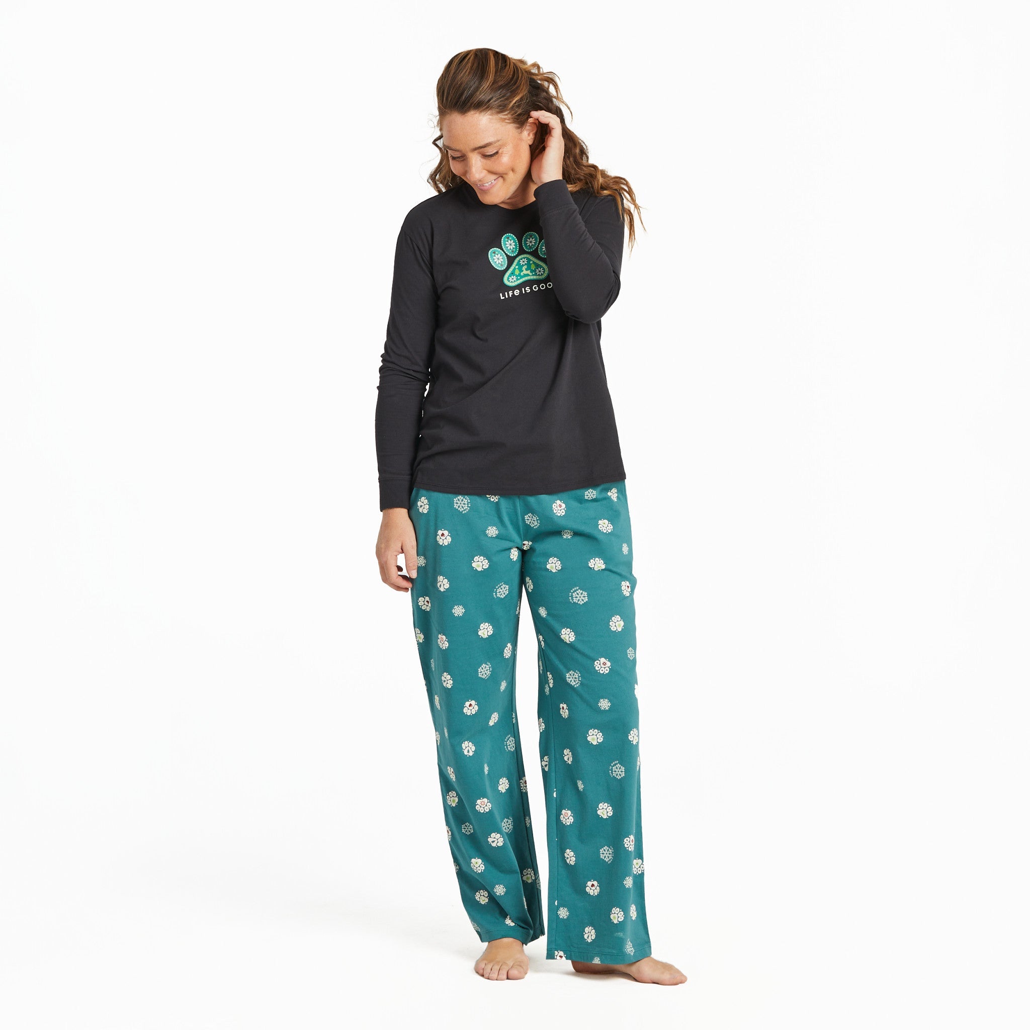 Women's Holiday Paw Long Sleeve Snuggle Up Relaxed Sleep Tee