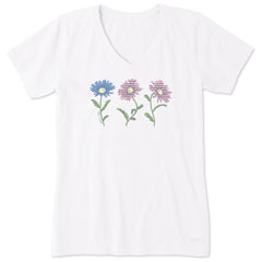 Women's 3 Water Flag Daisies Short Sleeve Vee