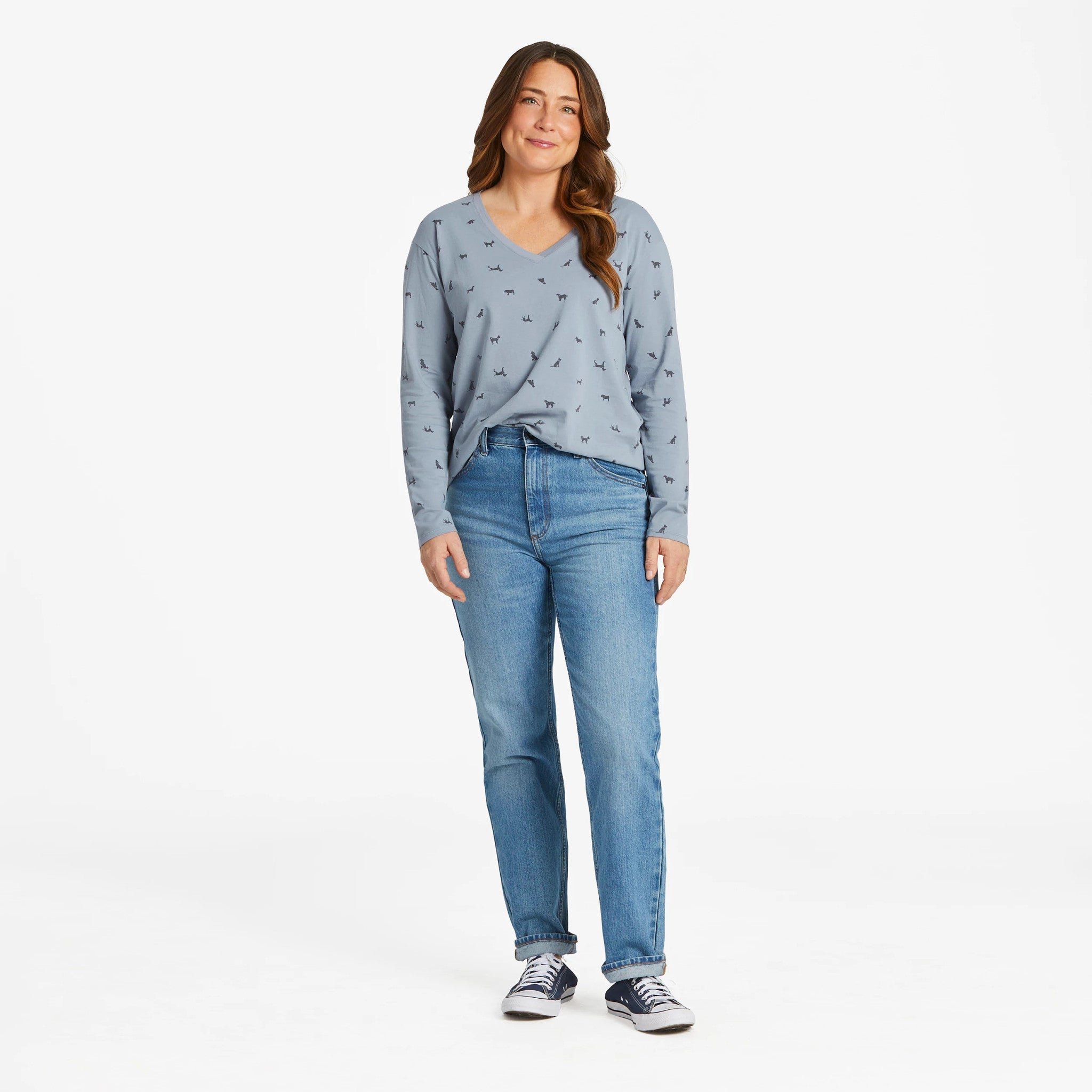 Women's Dog Ditsy Pattern Long-Sleeve Crusher-LITE Easy Vee