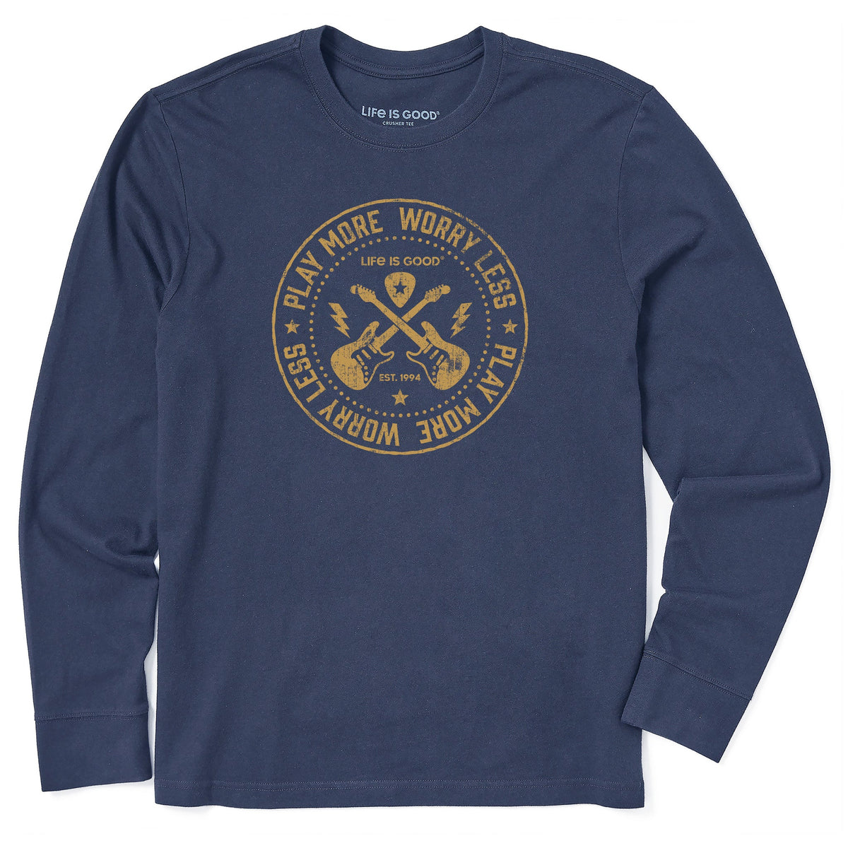 Men's Play More Worry Less Guitars Long Sleeve Crusher Tee
