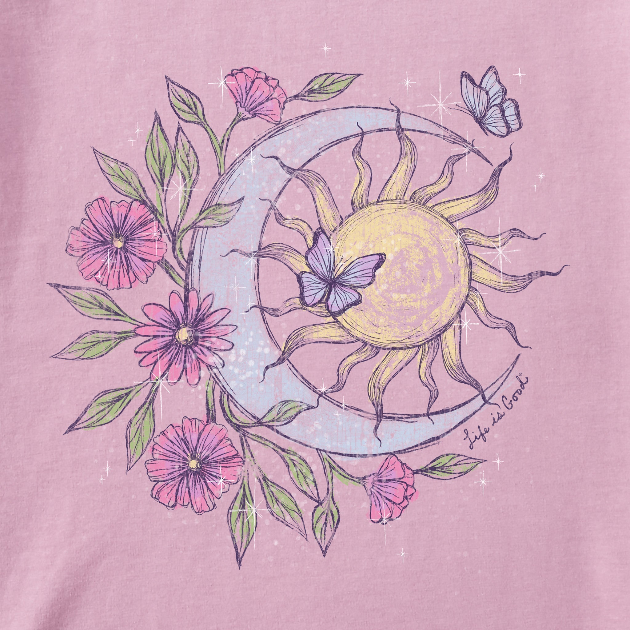 Women's Floral Butterfly Celestial Short Sleeve Crusher Boxy Tee