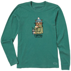 Women's Coffee Tea Cat Long Sleeve Crusher Tee