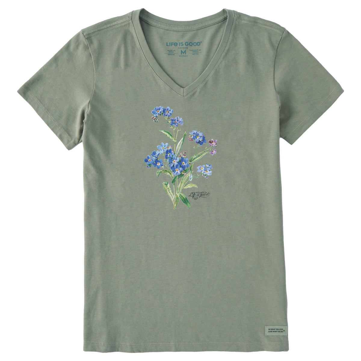Women's Antique Blue Flowers Short Sleeve Crusher Vee