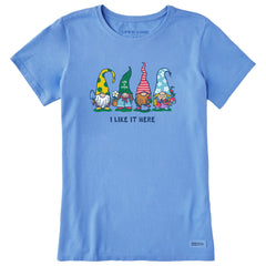 Women's I Like it Here Garden Gnomies' Short Sleeve Crusher Tee