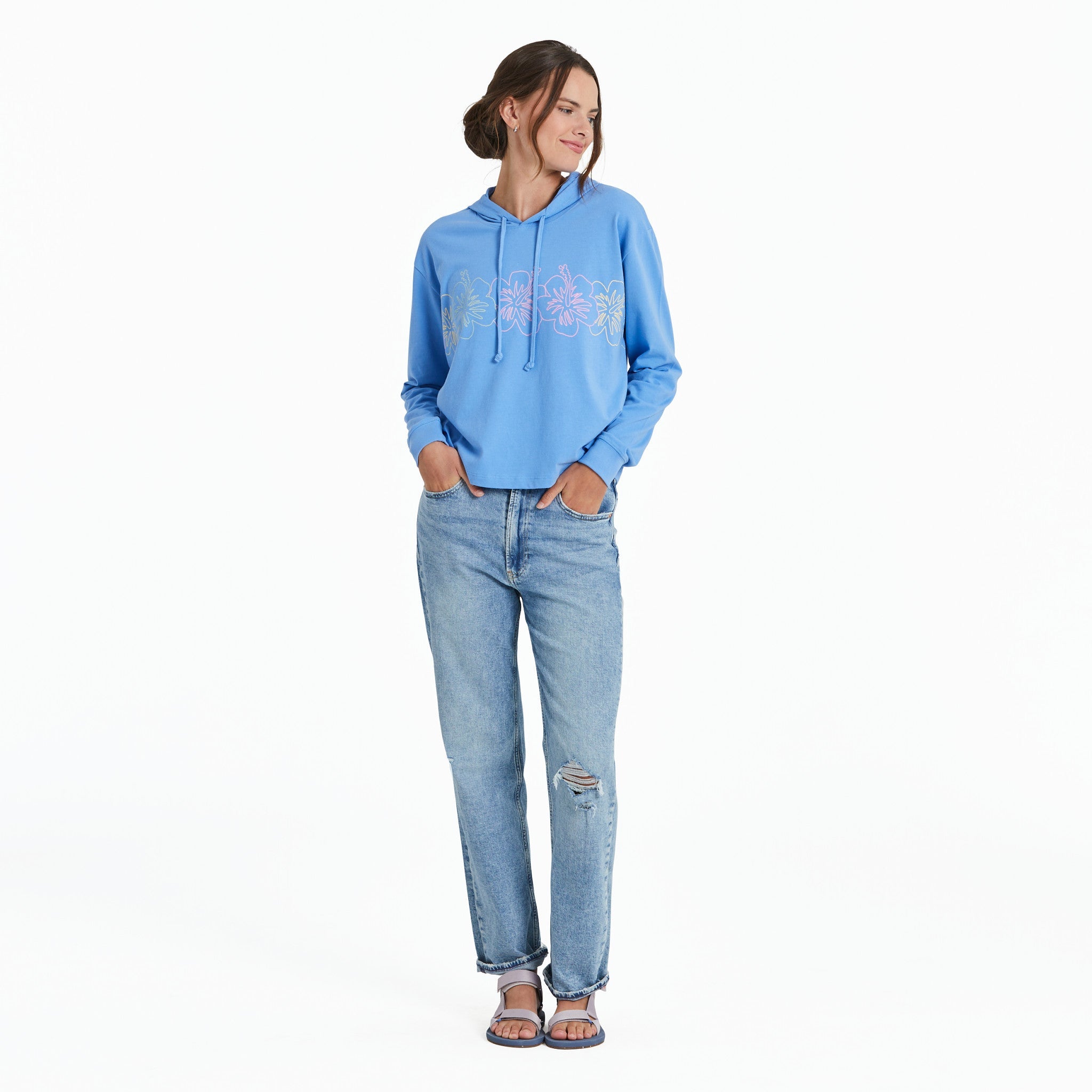 Women's Hibiscus Line Drawing Crusher Boxy Hoodie