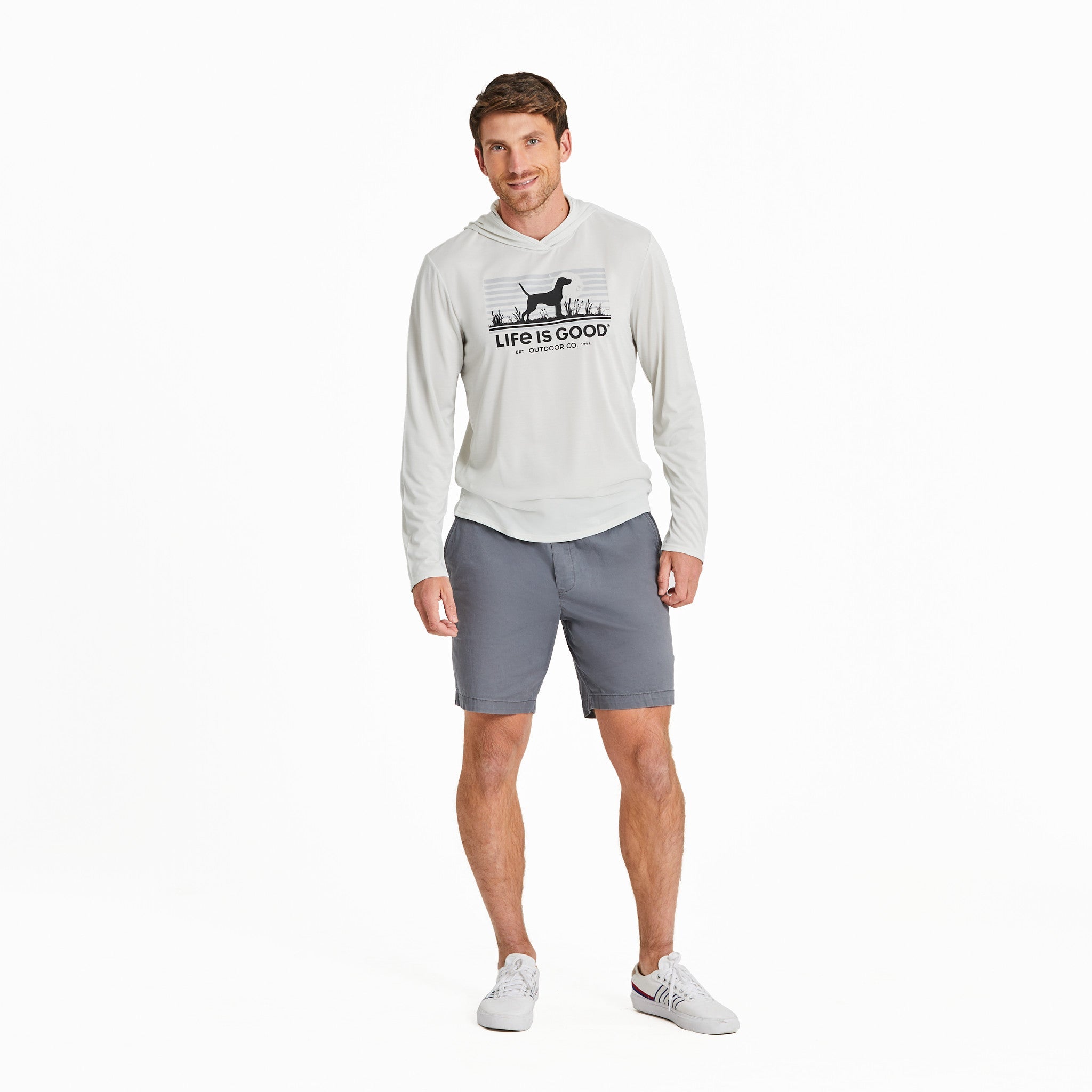 Men's Life is Good Outdoor Co. Dog Scene Long Sleeve Sun Crusher Hoodie