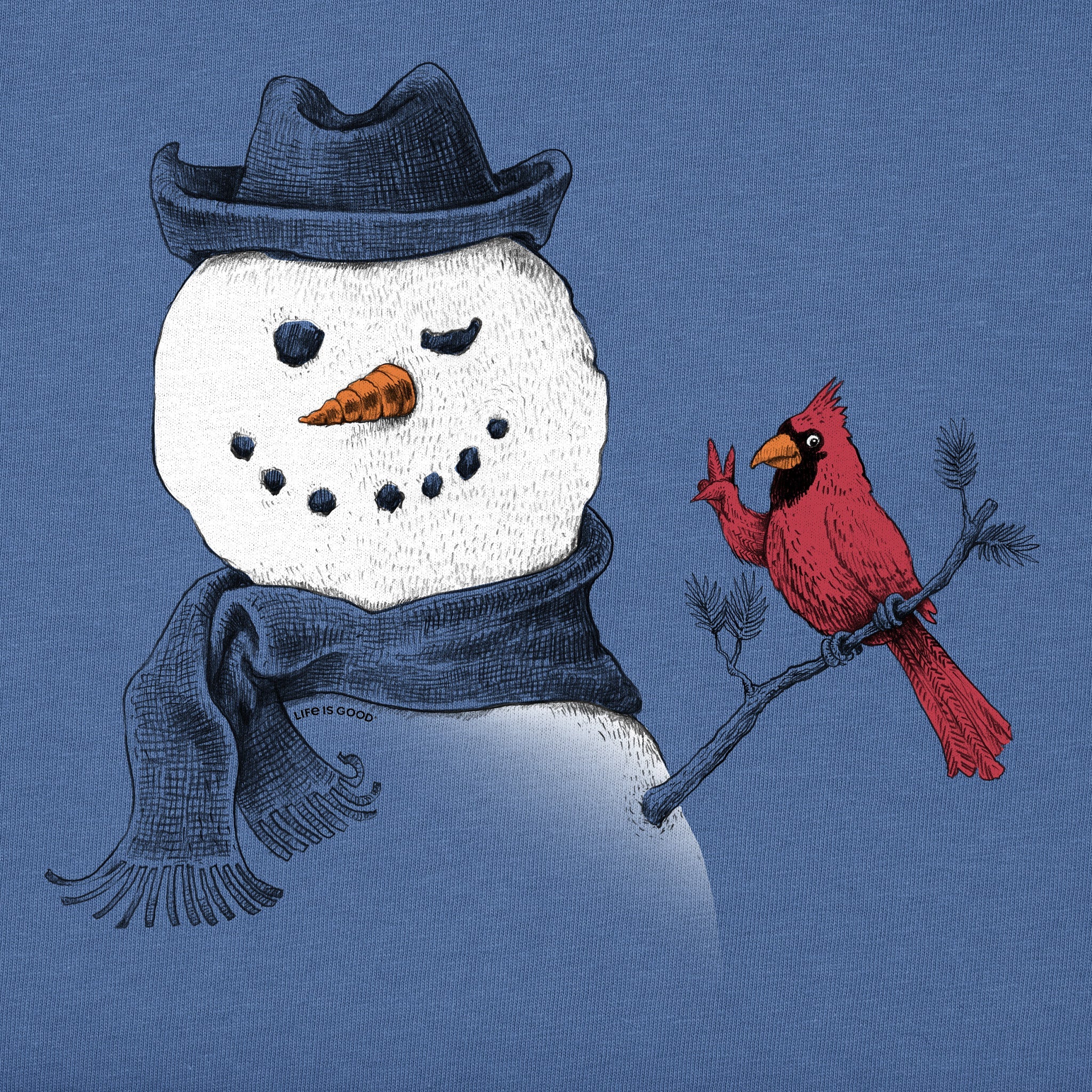 Men's Peaceful Snowman w Cardinal Long Sleeve Crusher Tee