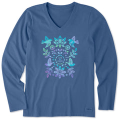 Women's Folk Art Garden Tie Dye Long Sleeve Crusher Vee