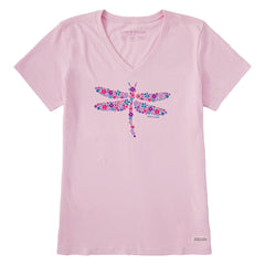 Women's Dragonfly Flowers Short Sleeve Vee