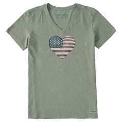 Women's Etching USA Heart Short Sleeve Crusher Vee