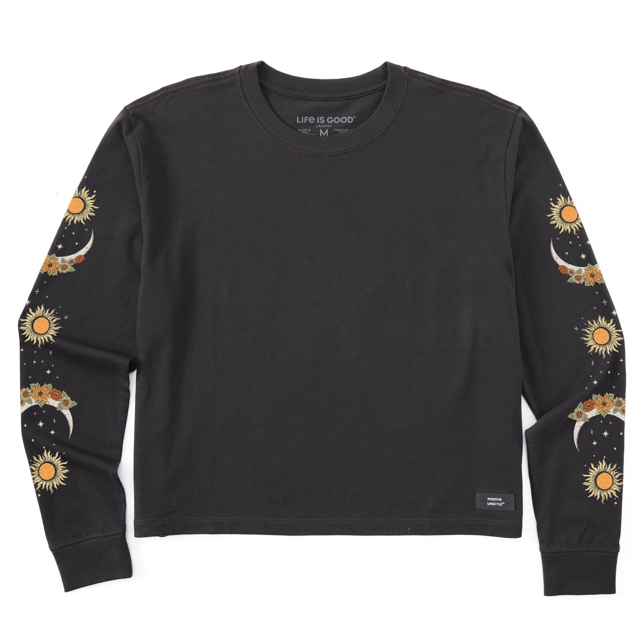 Women's Autumn Celestial Moon Flowers Long Sleeve Crusher Boxy Tee