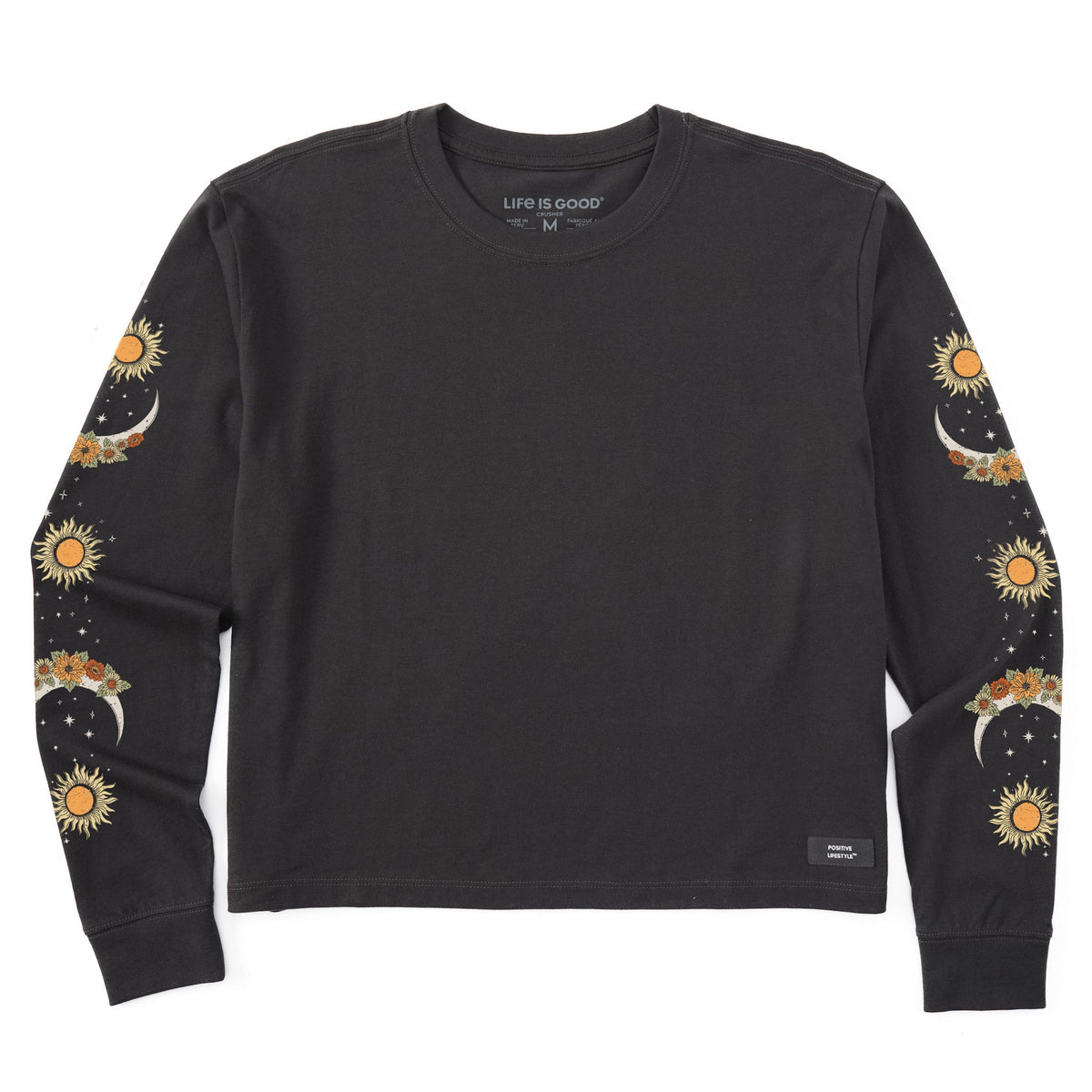 Women's Autumn Celestial Moon Flowers Long Sleeve Crusher Boxy Tee