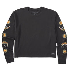 Women's Autumn Celestial Moon Flowers Long Sleeve Crusher Boxy Tee