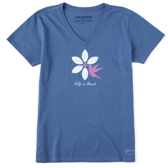 Women's Hummingbird Flower Short Sleeve Crusher Vee