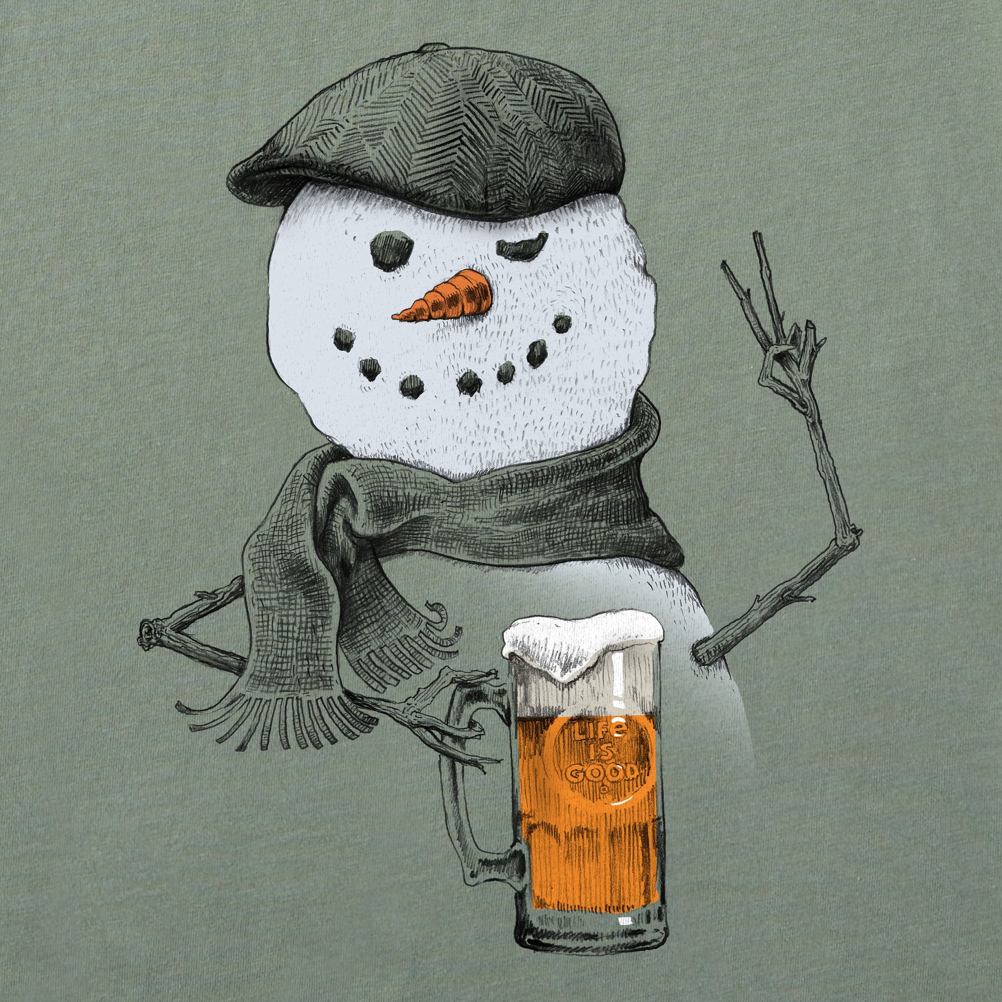 Men's Peaceful Snowman w Beer Long Sleeve Crusher Tee
