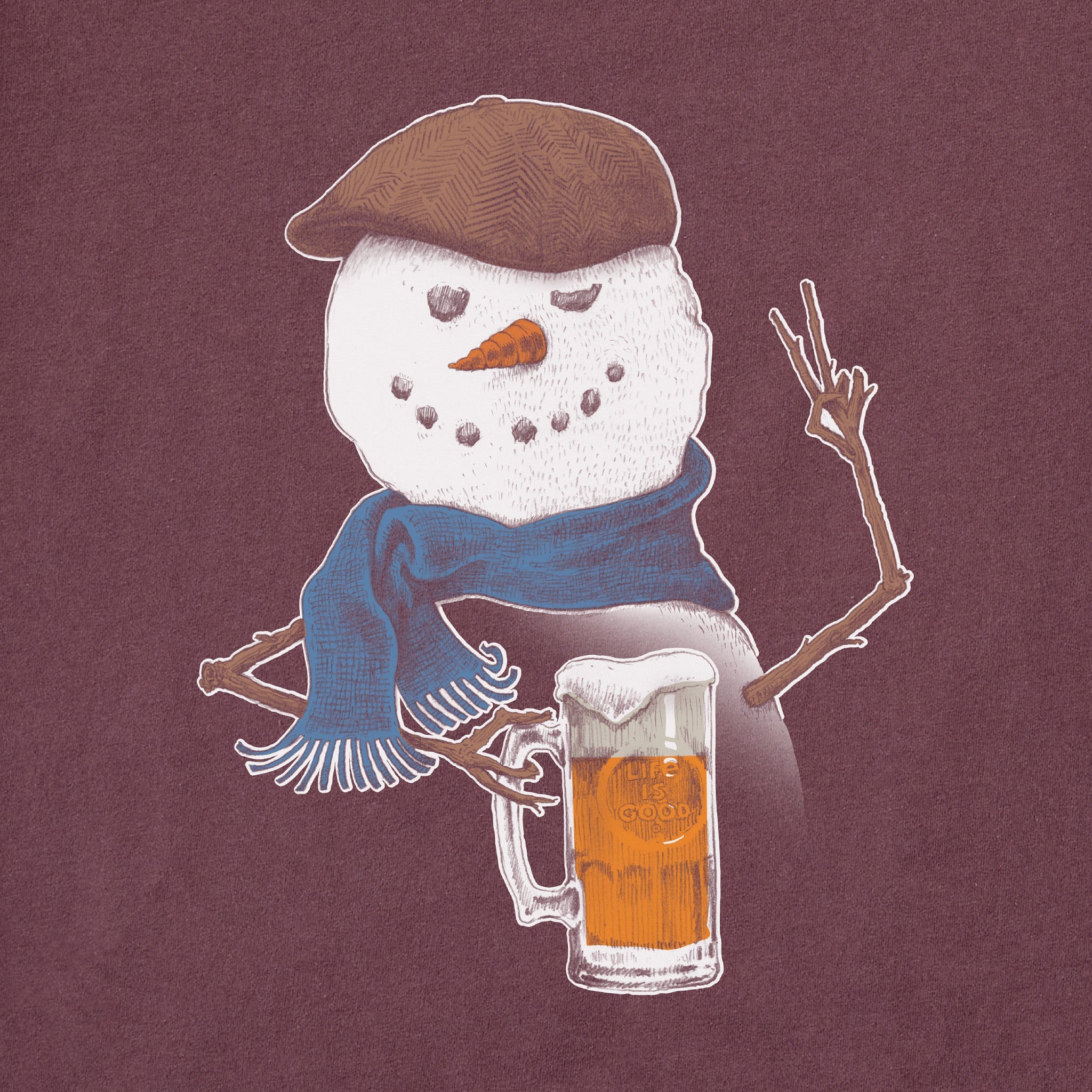 Men's Peaceful Snowman w Beer Long Sleeve Crusher Tee
