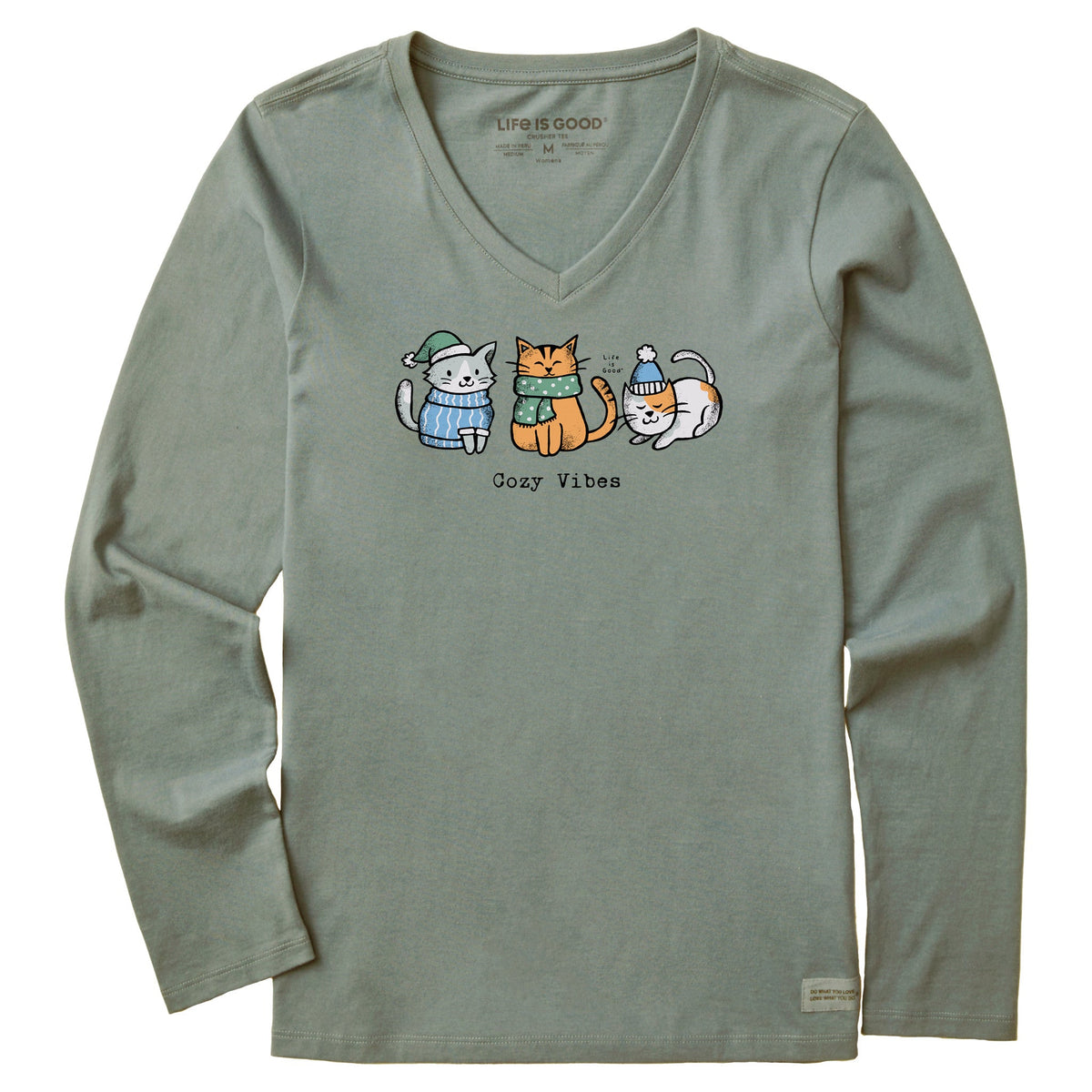 Women's Cozy Vibes Kittens Long Sleeve Crusher Vee