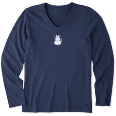 Women's Cat Snowman Long Sleeve Crusher Vee