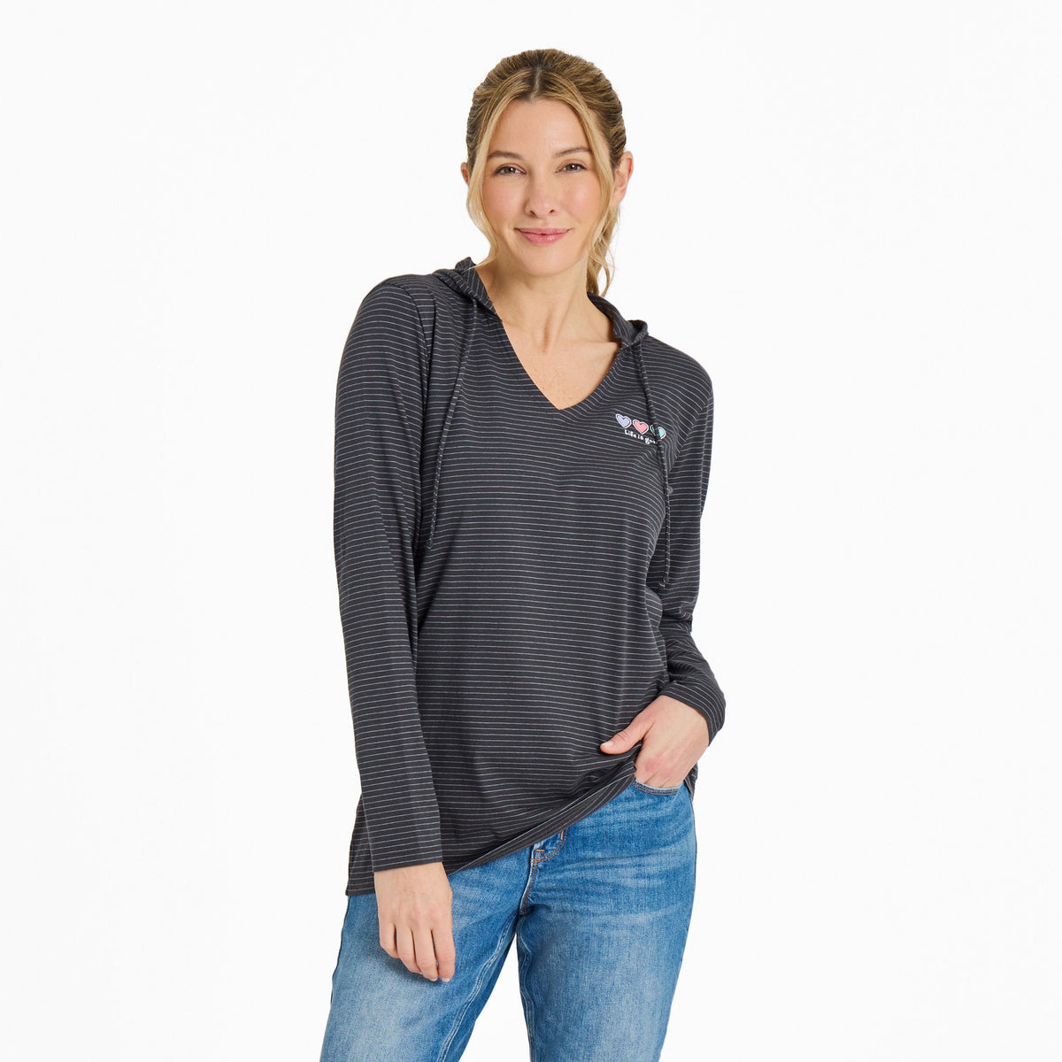 Women's 3 Hearts Long Sleeve Striped Crusher-LITE Hooded Tee