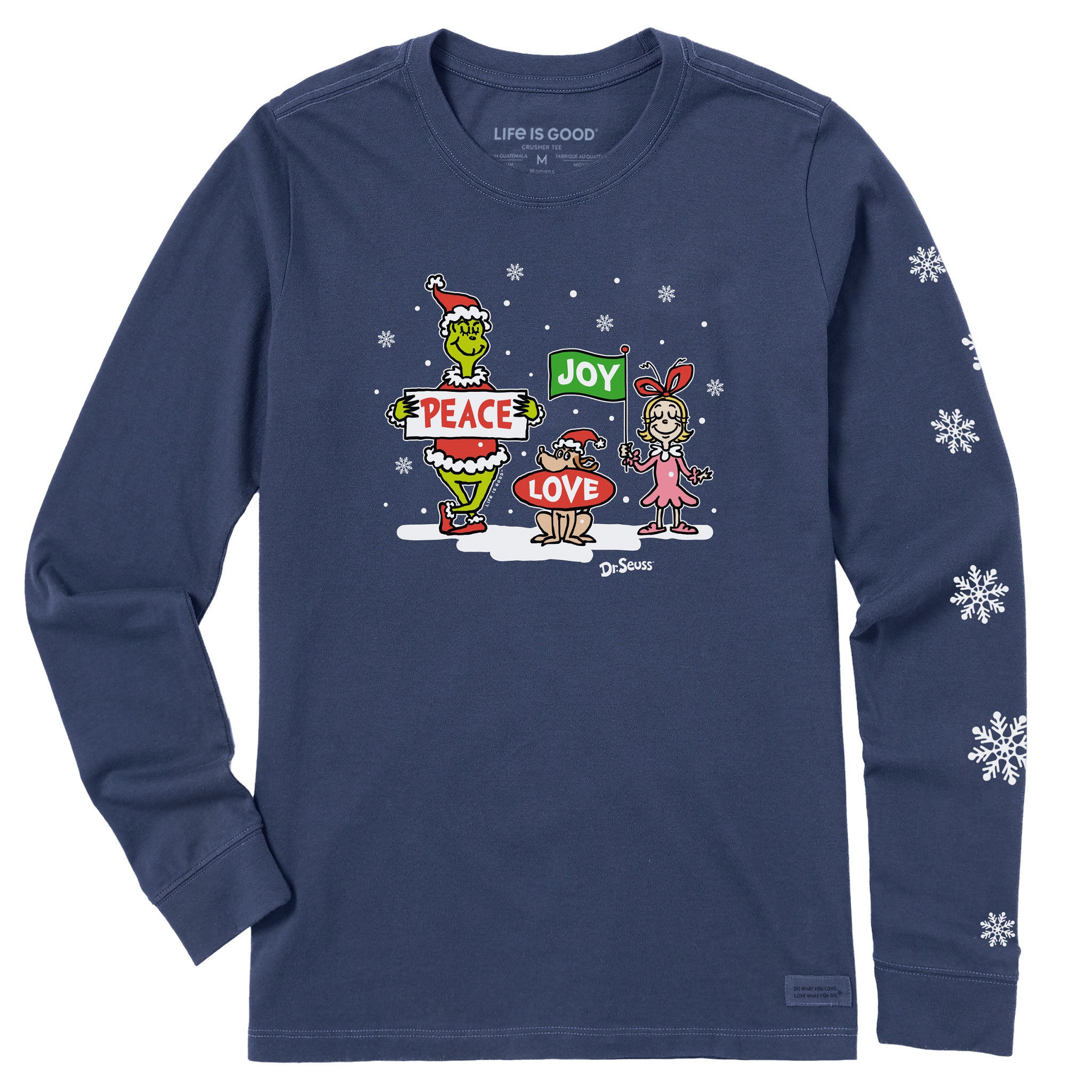 Women's Grinch Peace Love Joy Snow Long Sleeve Crusher Tee
