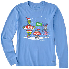 Women's Grinch Peace Love Joy Long Sleeve Crusher Tee