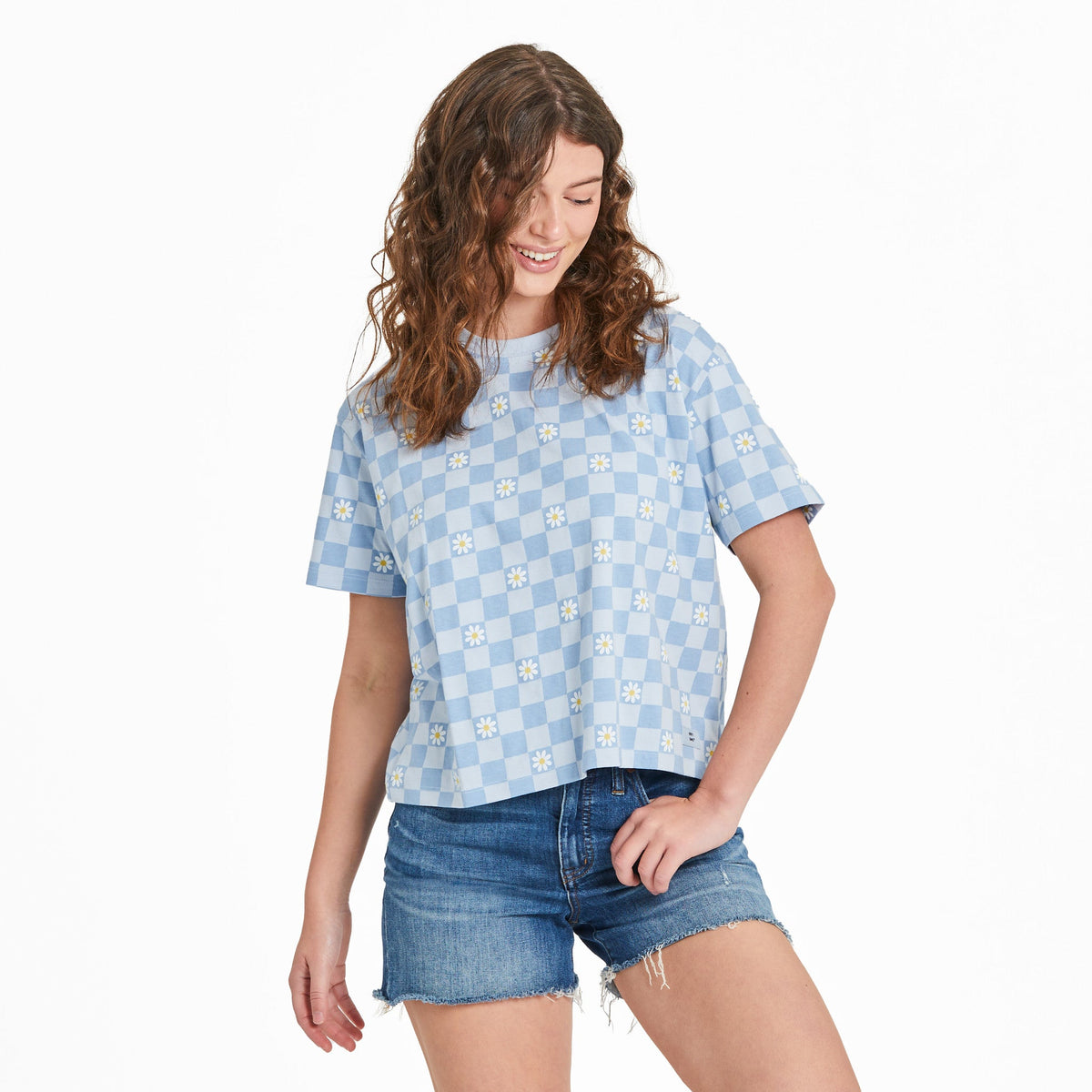 Women's Daisy Checkerboard Pattern Short Sleeve Crusher Boxy Tee