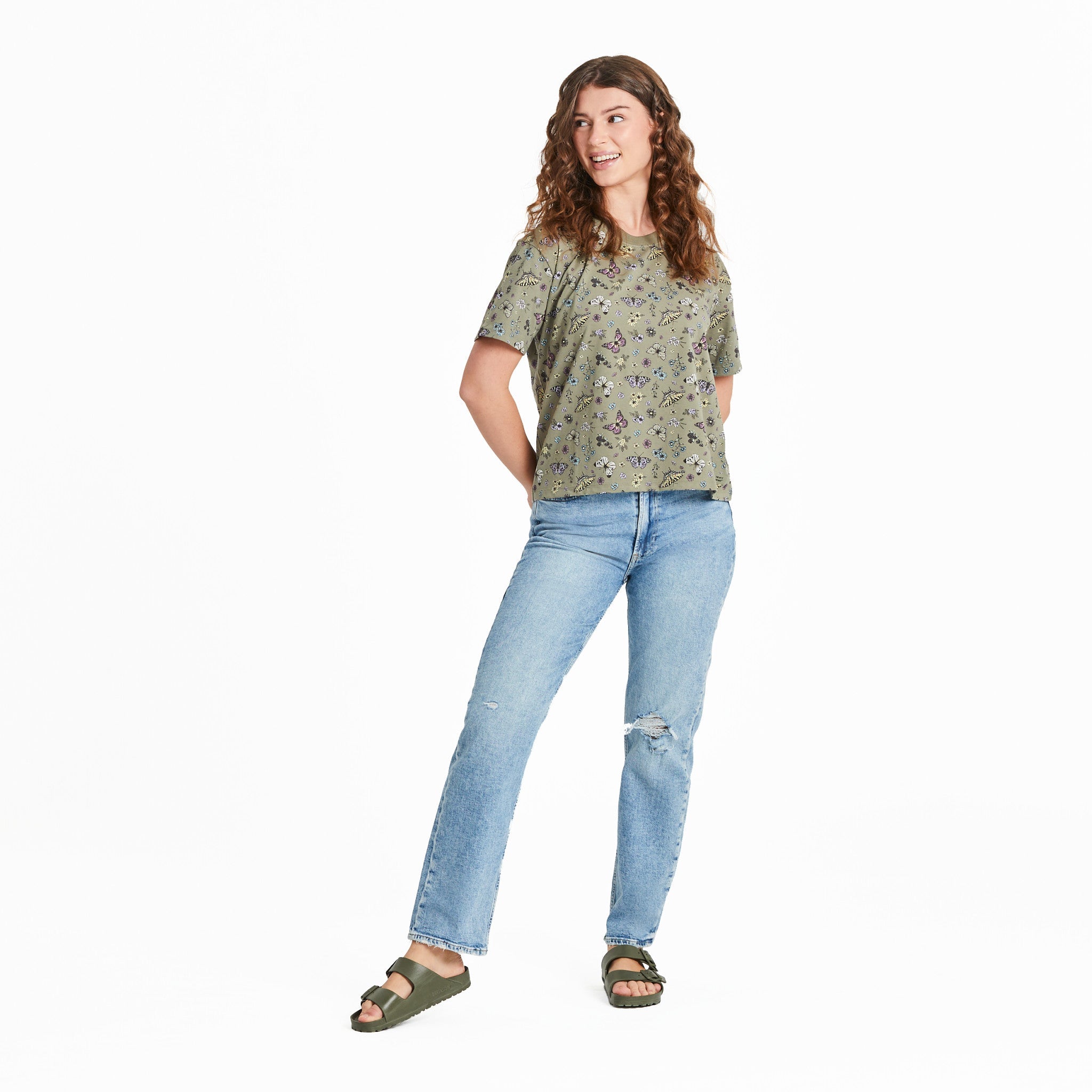 Women's Butterfly Garden Pattern Short Sleeve Crusher Boxy Tee